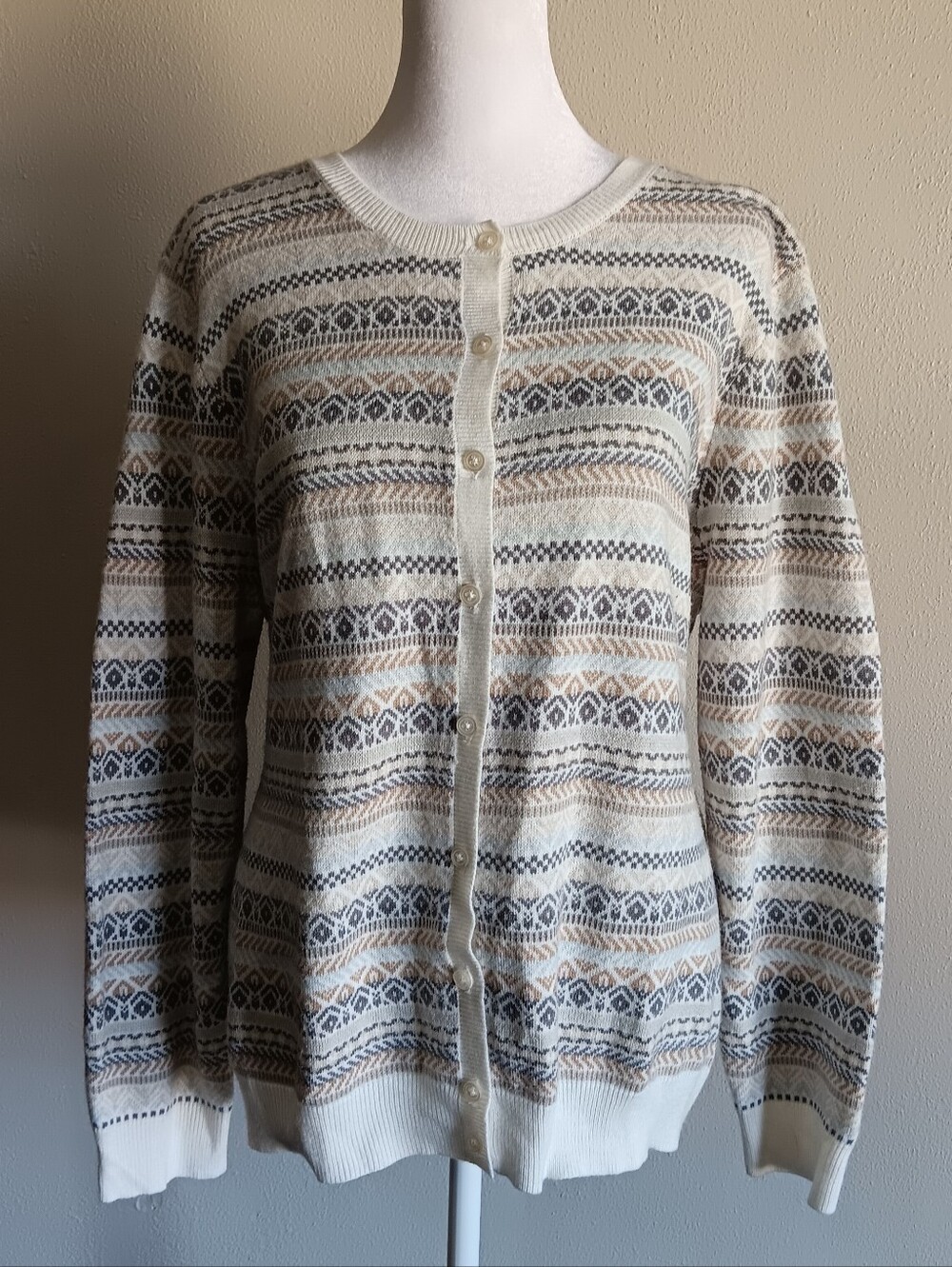 Preppy Cabincore Knit Cream Stripe Patterned Button Front Cardigan Sweater Large